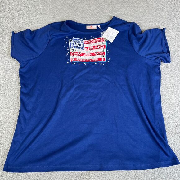 Quacker Factory Top 2X Blue Short Sleeve USA Flag Paisley Rhinestone Stars - Picture 1 of 11